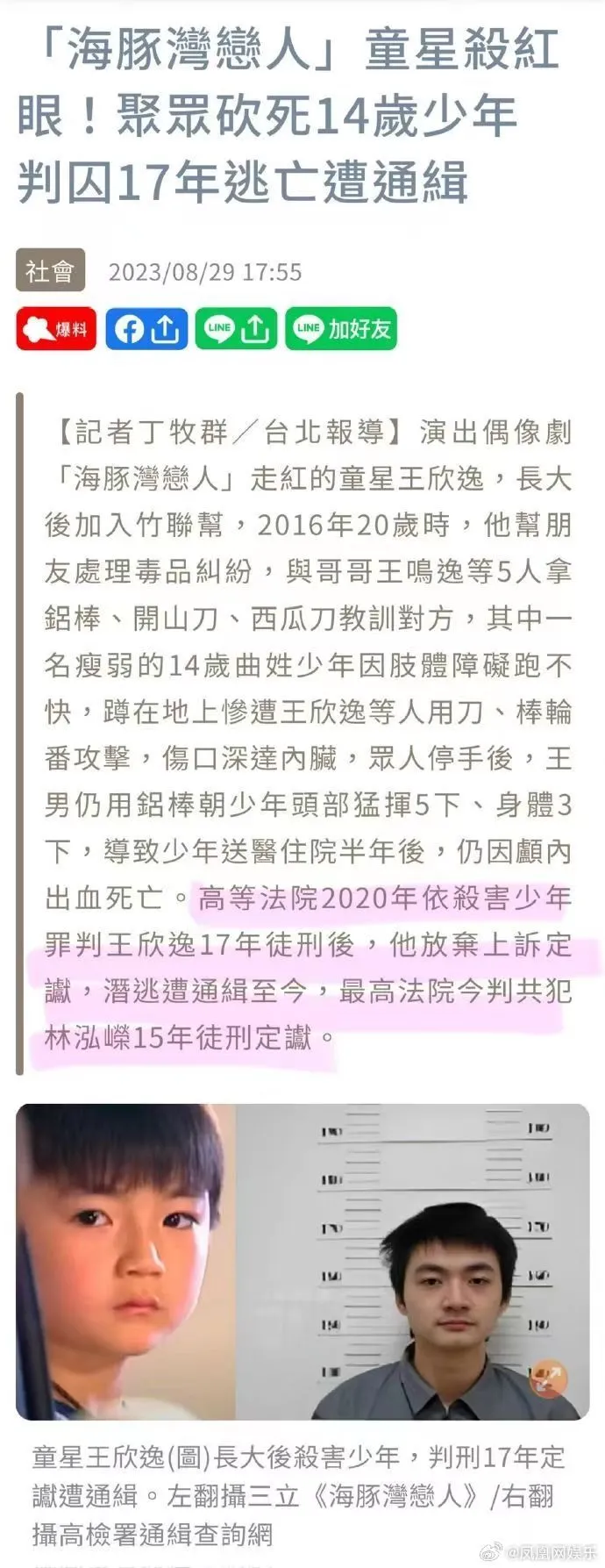 《海豚湾恋人》童星王欣逸杀人潜逃被判刑17年 通缉照曝光