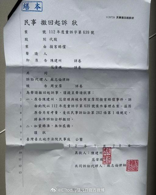 经纪人回应陈建州范玮琪撤诉：已提出刑事告诉