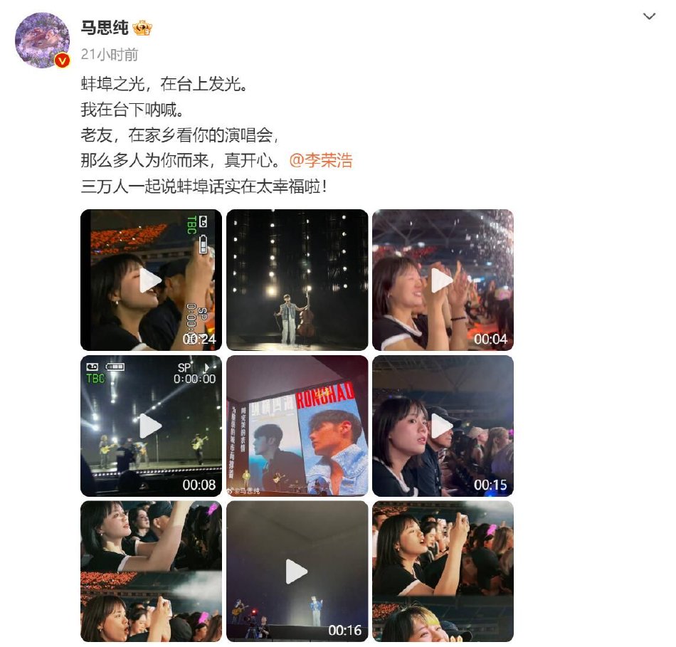 马思纯现身李荣浩演唱会 化身小迷妹在台下合唱拍照