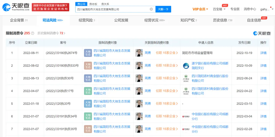 周震南父亲周勇公司再成老赖 已有多条限制消费令及失信被执行人信息