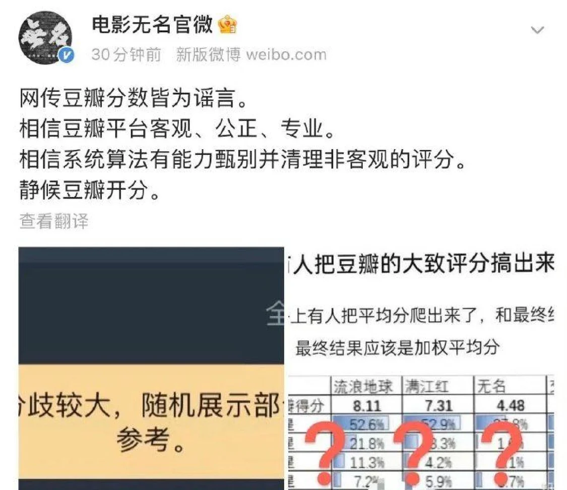 网传《无名》豆瓣评分4.48 片方回应：皆为谣言 静候开分